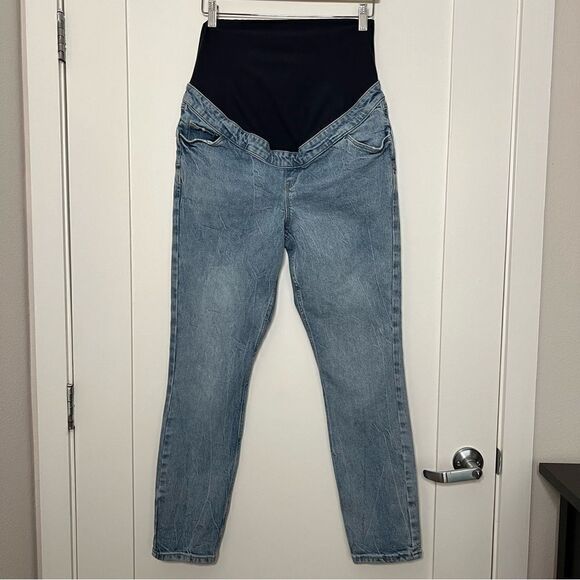 Tori Over Bump Mom Jeans Size 8 Maternity Blue Denim Straight Leg Cotton - Picture 1 of 12